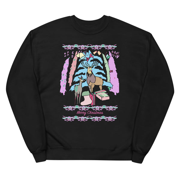 Merry Christmas Trees With Colorful Decoration in Pink - Moose and Deer - Unisex Fleece SweatShirt