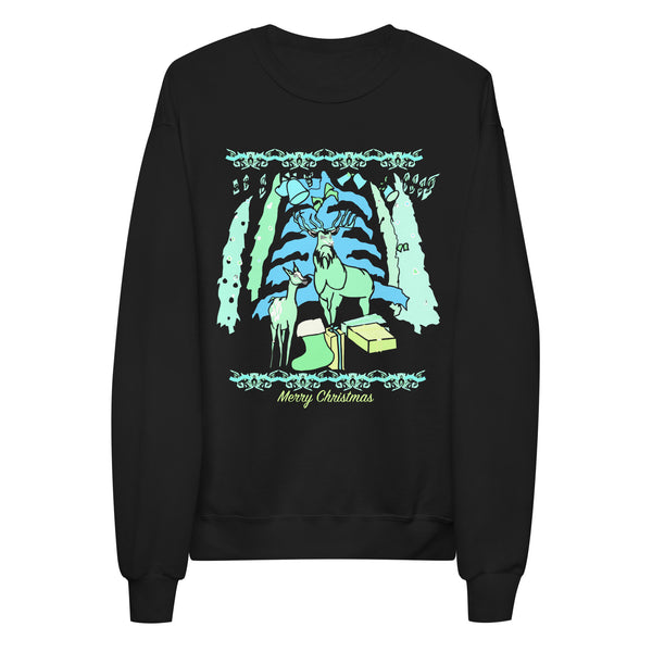 Merry Christmas Tree With Colorful Decoration - Moose and Deer -  Unisex Fleece SweatShirt